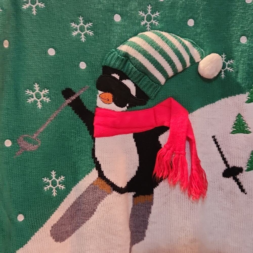 Ugly Christmas Sweater Green Skiing Penguin Women's Mediun Cute Winter 3D Raised - Picture 3 of 4